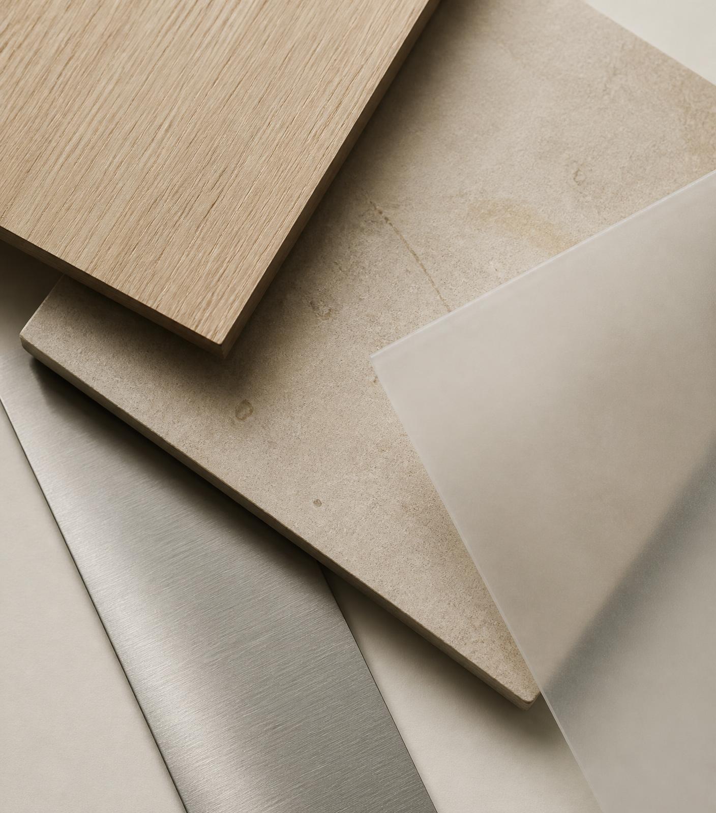 Layered material samples: oak veneer, stone, brushed metal and translucent film