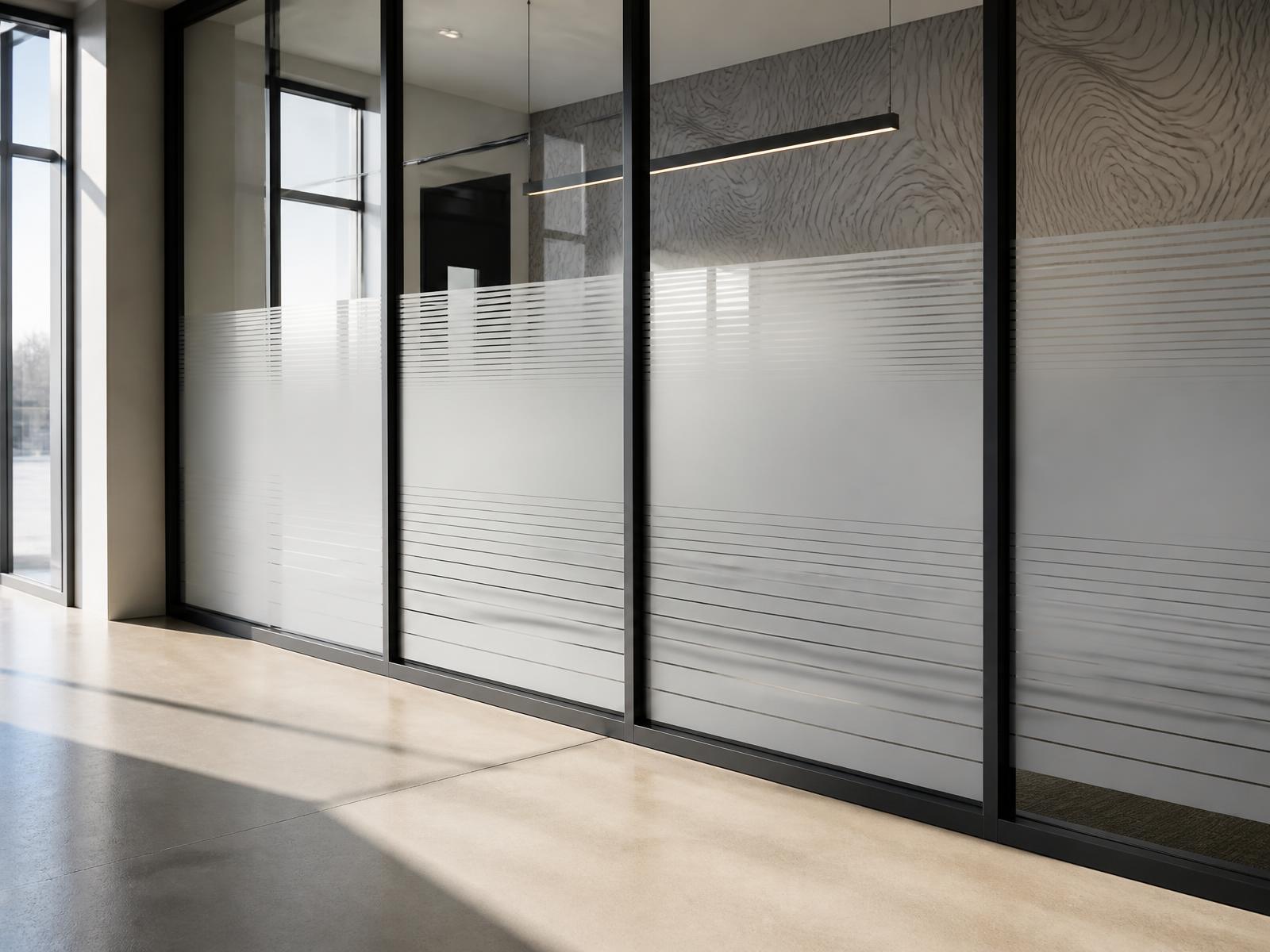 Frosted gradient window film on a glass partition in a modern commercial interior